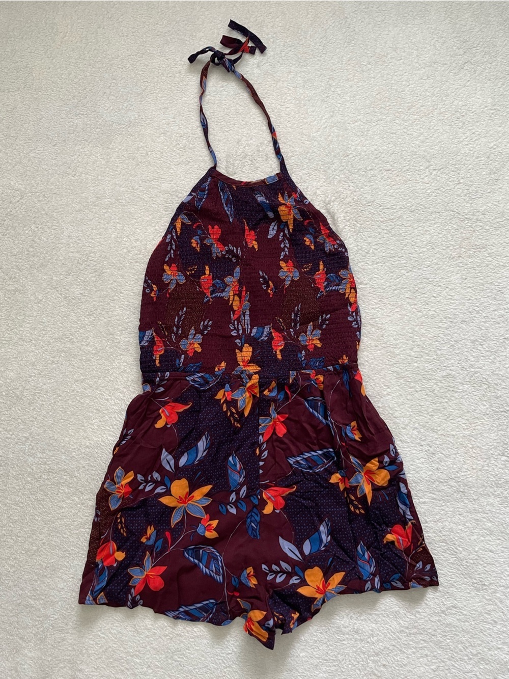 NWT Urban Outfitters XS Maroon Floral Halter Romper with Orange & Blue Accents